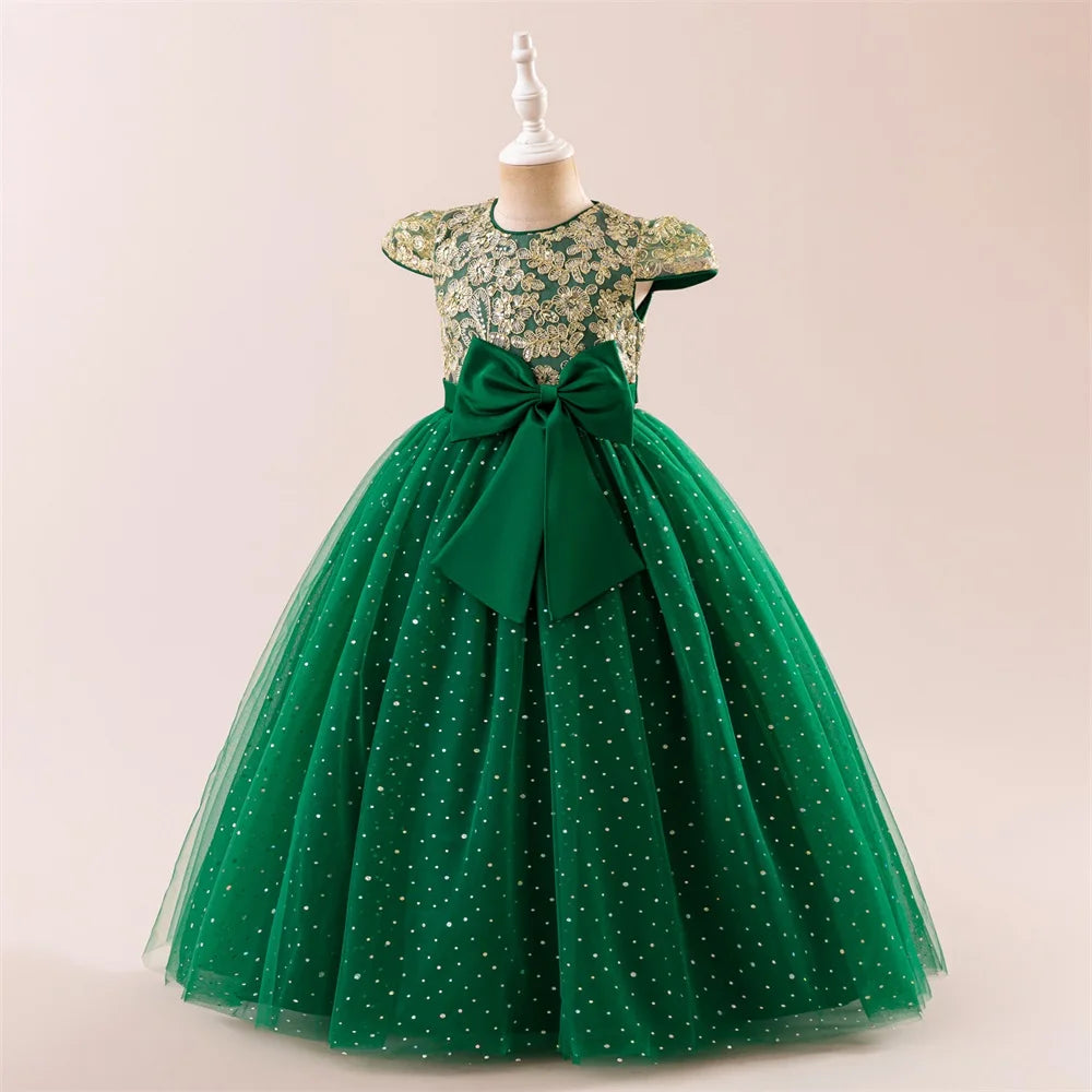 Girls Flower Embroidery Party Dress Kids Big Bow Long Wedding Bridesmaid
