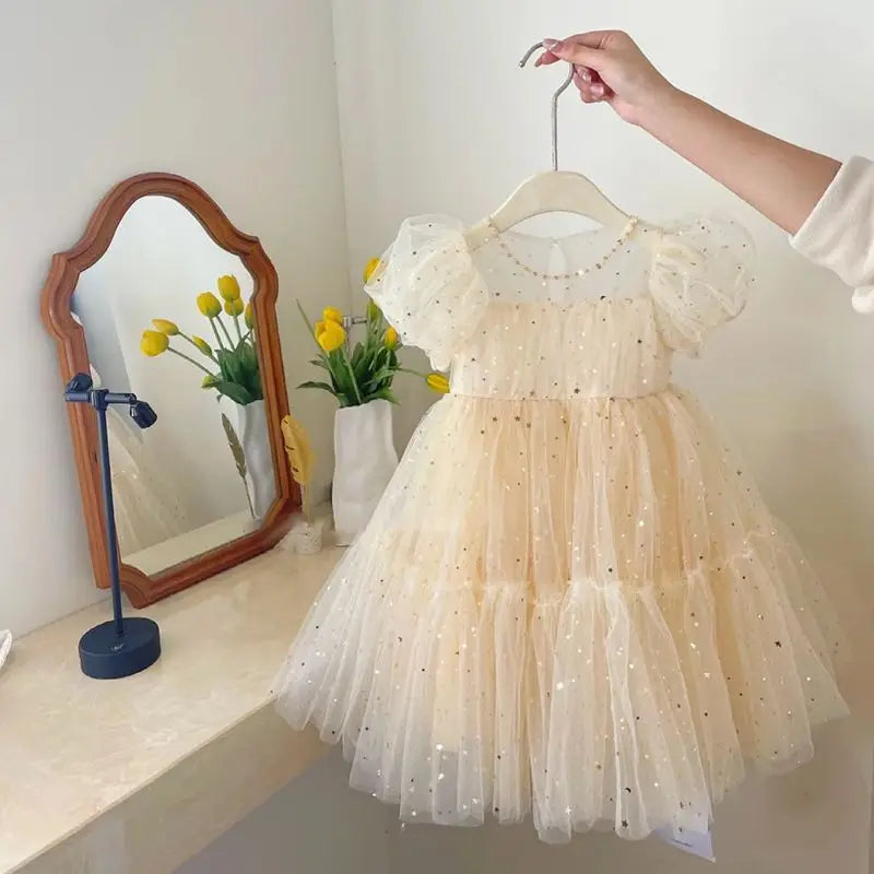 Summer Dresses Girls' Elegant Dress Girl Baby Bubble Sleeve Mesh Sequin Dress