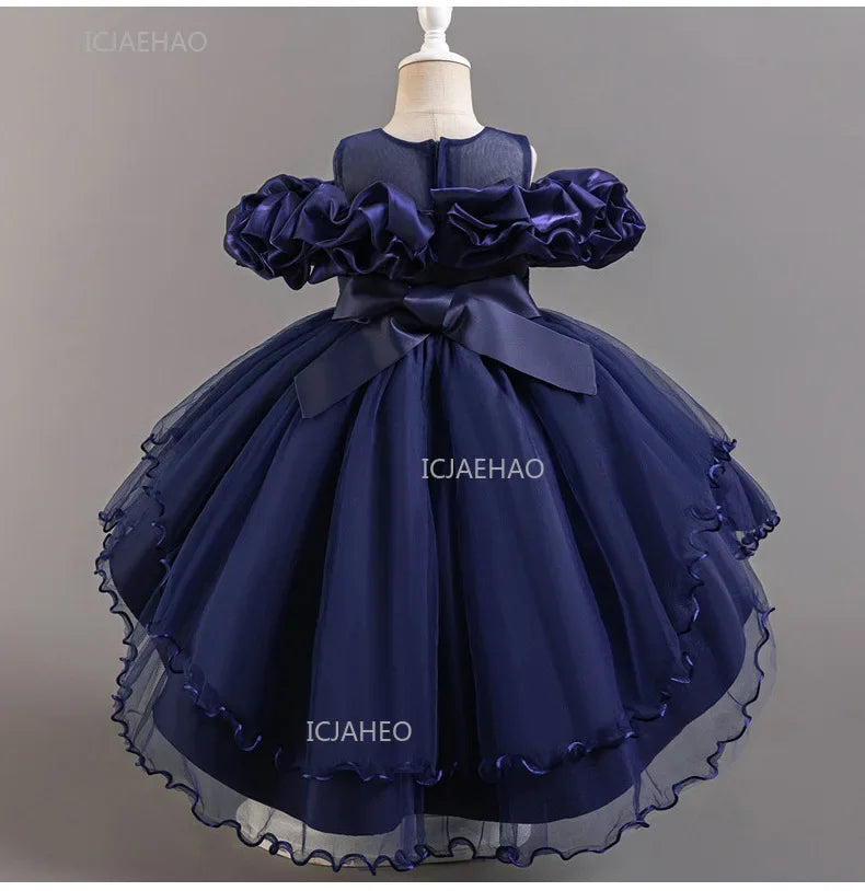 Girls Flower Girl Dress with Train Tulle Princess Gown Christmas Birthday Party Pageant Formal Dresses Kids Children Clothing