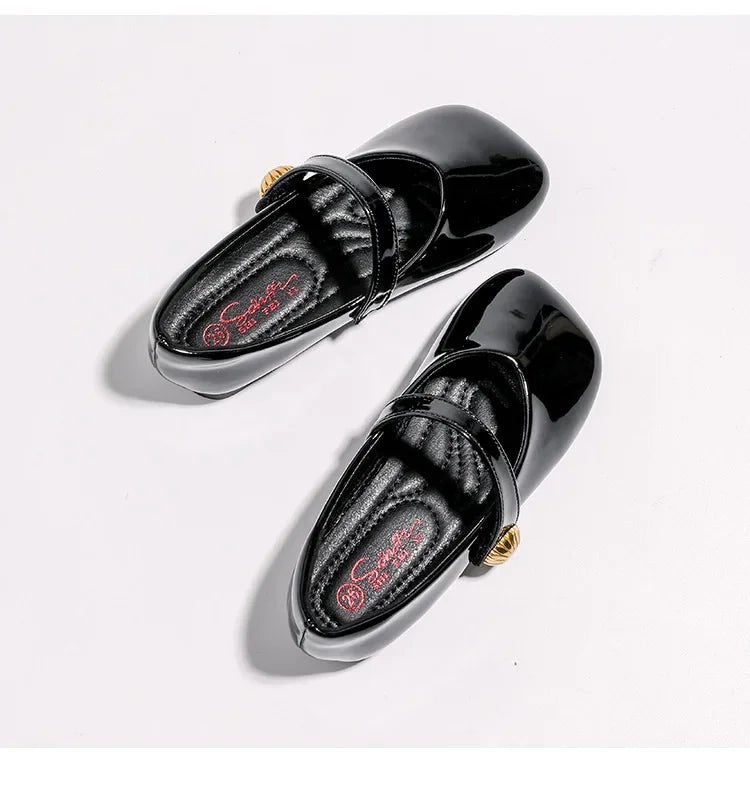2025 Girl's Leather Shoes Square Toe Elegant Shallow Kids Mary Janes Flat Sole Comfy Children Single Shoes Girls Princess Shoes