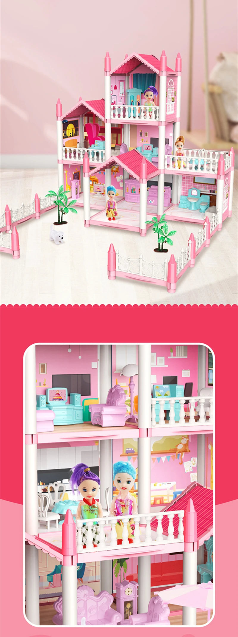 Girls Toddler Doll House - Large Doll House with 4 Dolls, Furniture, Accessories, LED Lights, 4 Stories Princess Dream House Toy