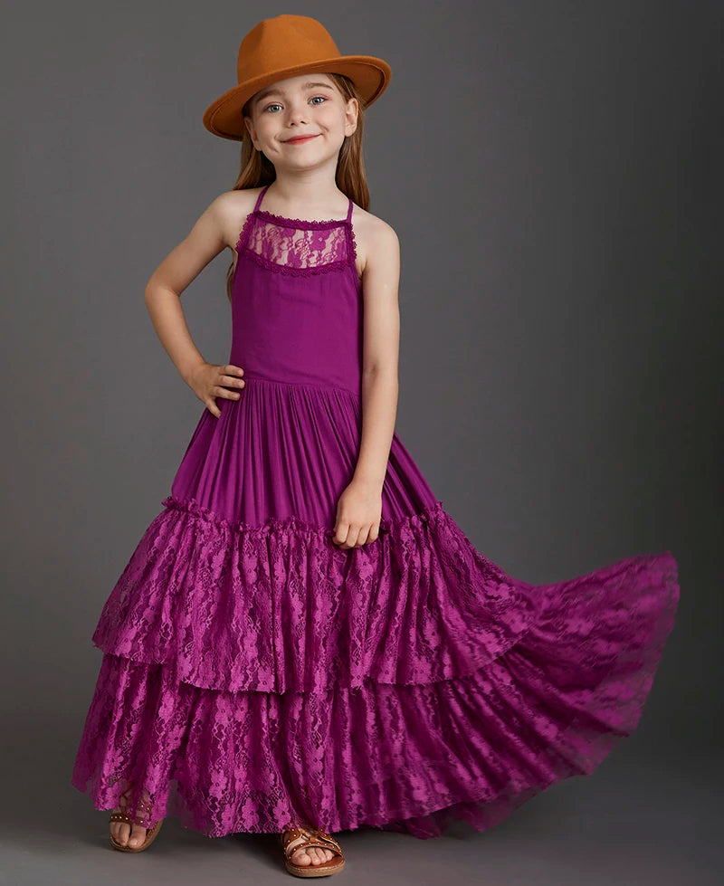 New Girl Lace Chiffon Backless Long Dress Wedding Flower Girl