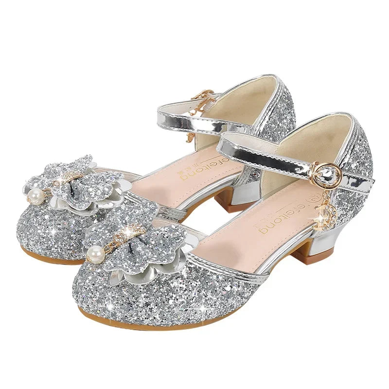 Girls' High Heels Fashion New Sequin Bow Shoes Children's Dance Single Shoes