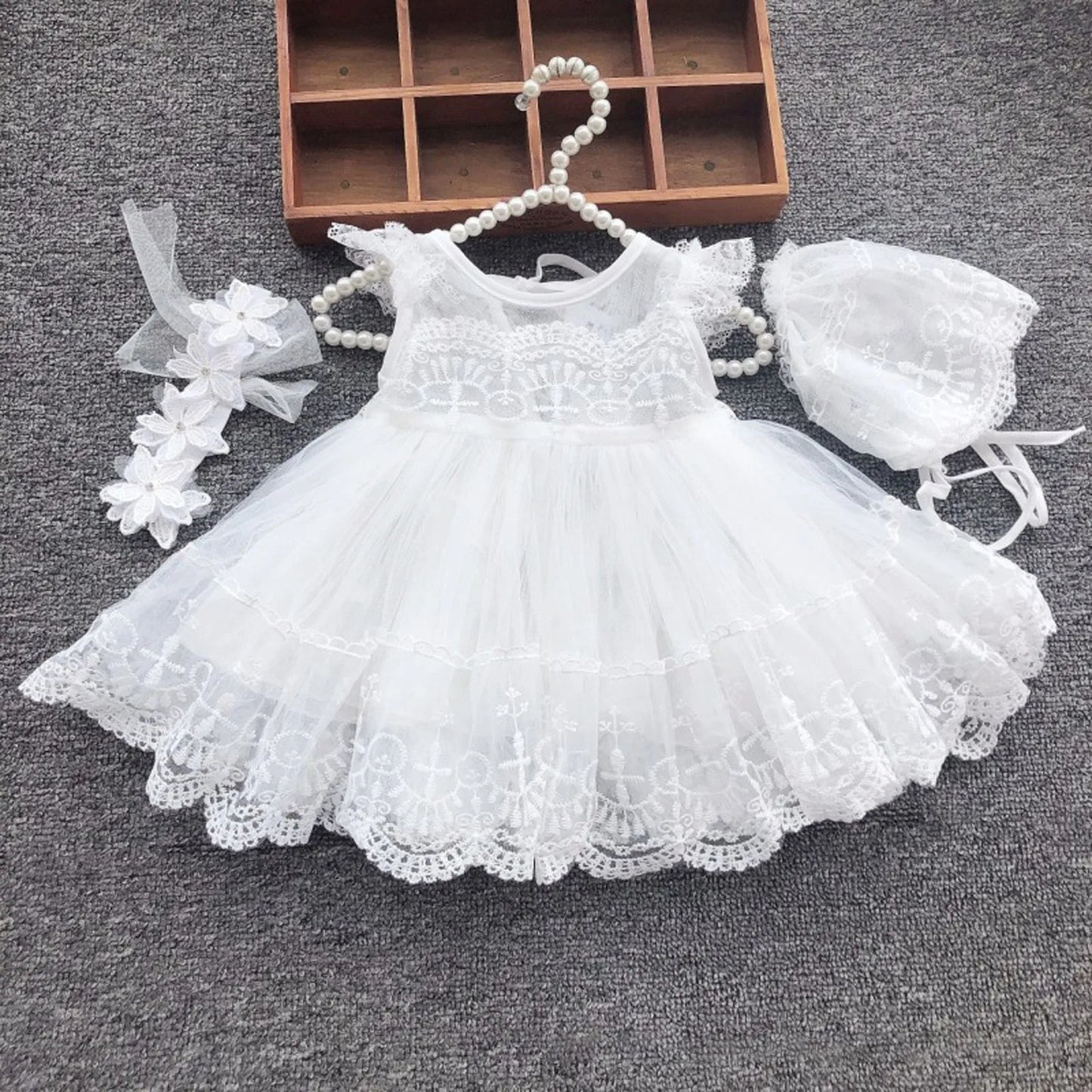 Lila Baby Girls Baptism Dress - Lace Crochet O Neck Dress