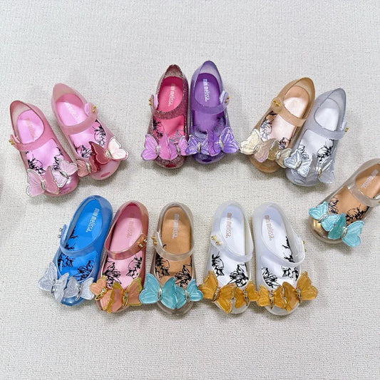 Children's Fashion Shoes Pink Metal Sequins Three-dimensional Butterfly Rhinestone Jelly