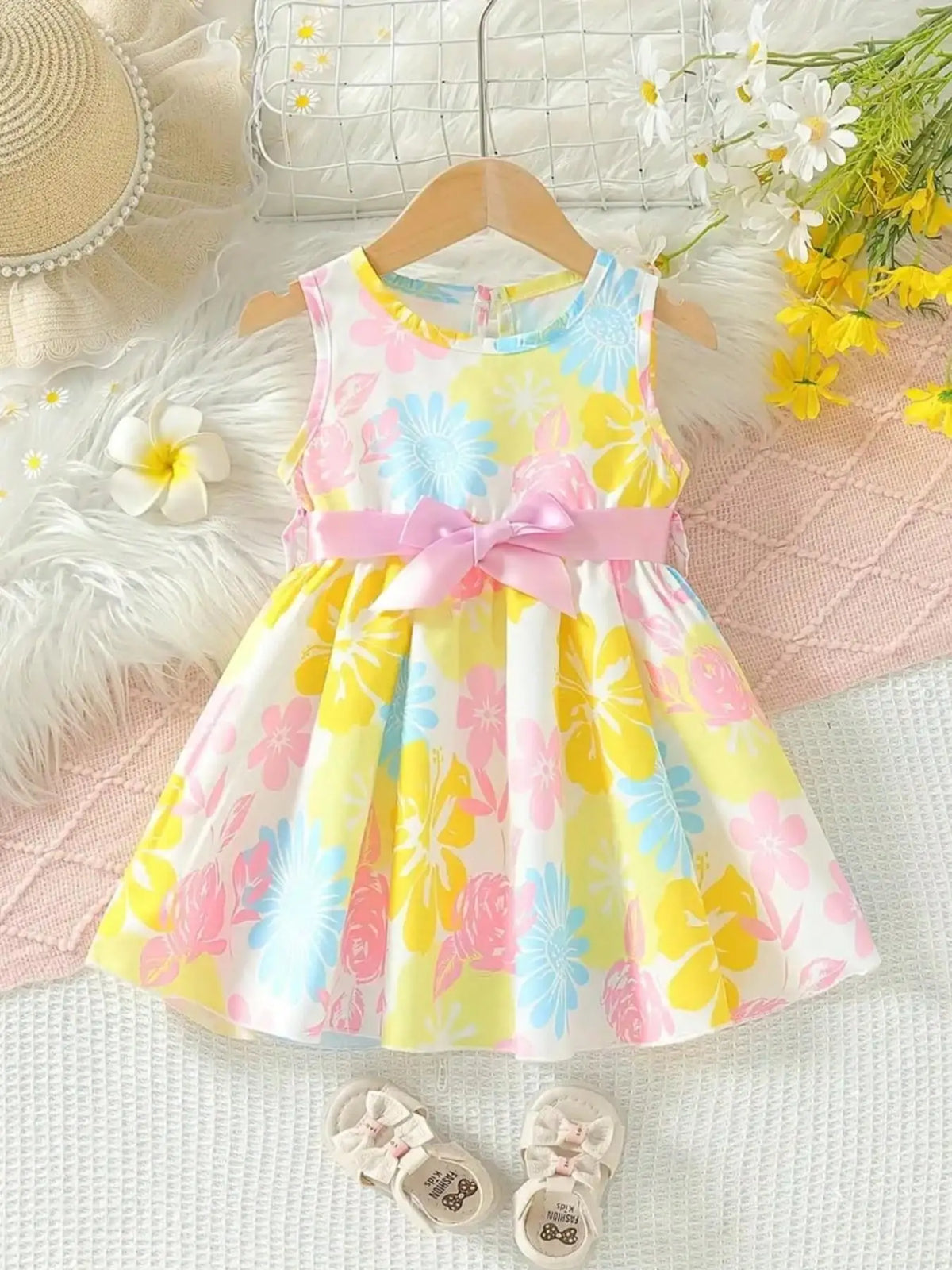 Baby Girl's Floral Print round Neck Sleeveless Dress Pink Bow Waistband Sweet Cute Summer Daily Casual Dress