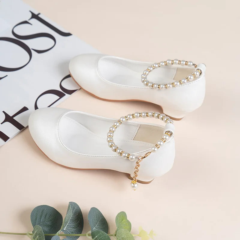 Girls' High-heeled Leather Shoes Spring Children's High-heeled Middle-aged Kid's White Wedding Host Show Princess Dress Shoes