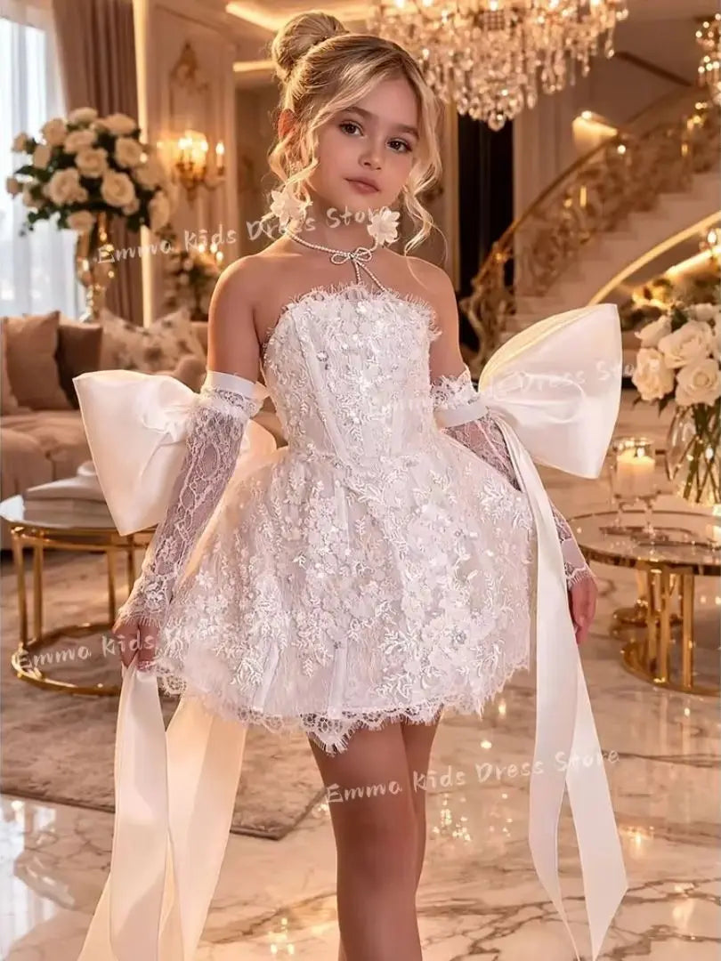 Custom Flower Girl Dress White Tulle Wedding Floral Appliqué Multi-layer Sleeveless Dress