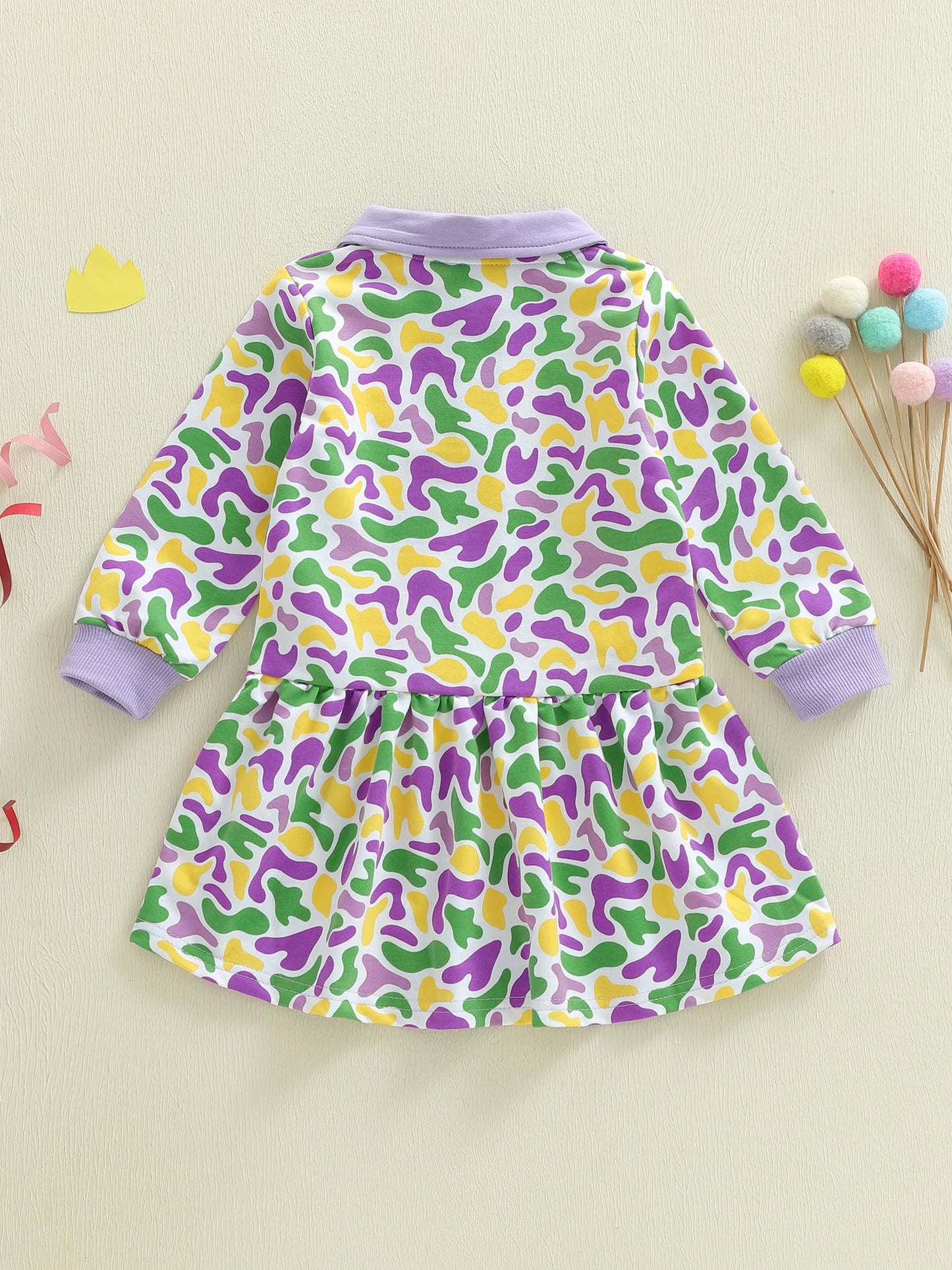 Toddler Baby Girl Mardi Gras Dress Camouflage Turn Down Neck Long Sleeve Dress
