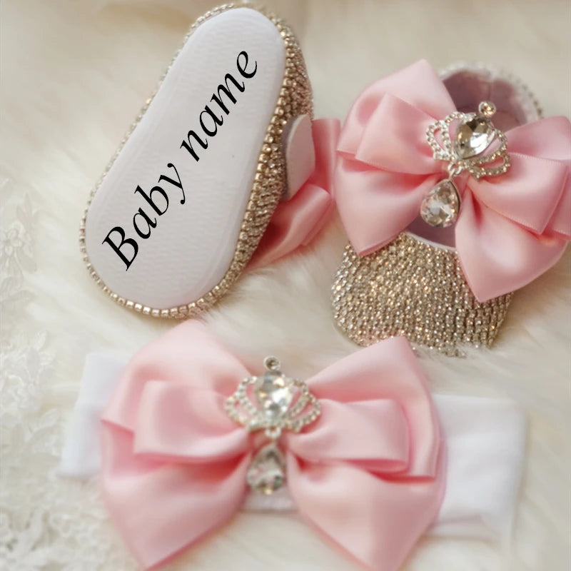Dollbling Baroque Pink Rhinestones Baby Girl Shoes First Walker Headband Set Sparkle Crystals Princess Shoes Baby Shower SH3