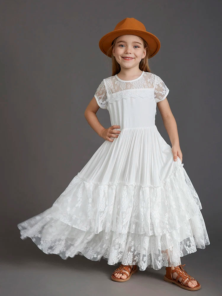 New 2024 Princess Girls Short Sleeve Lace Long Floor Dresses