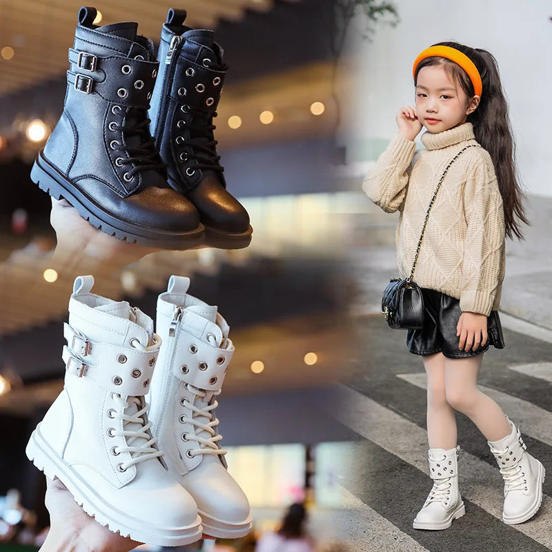 Kids Boots for Girls 2023 Autumn New British Style Soft Leather Cotton Boots