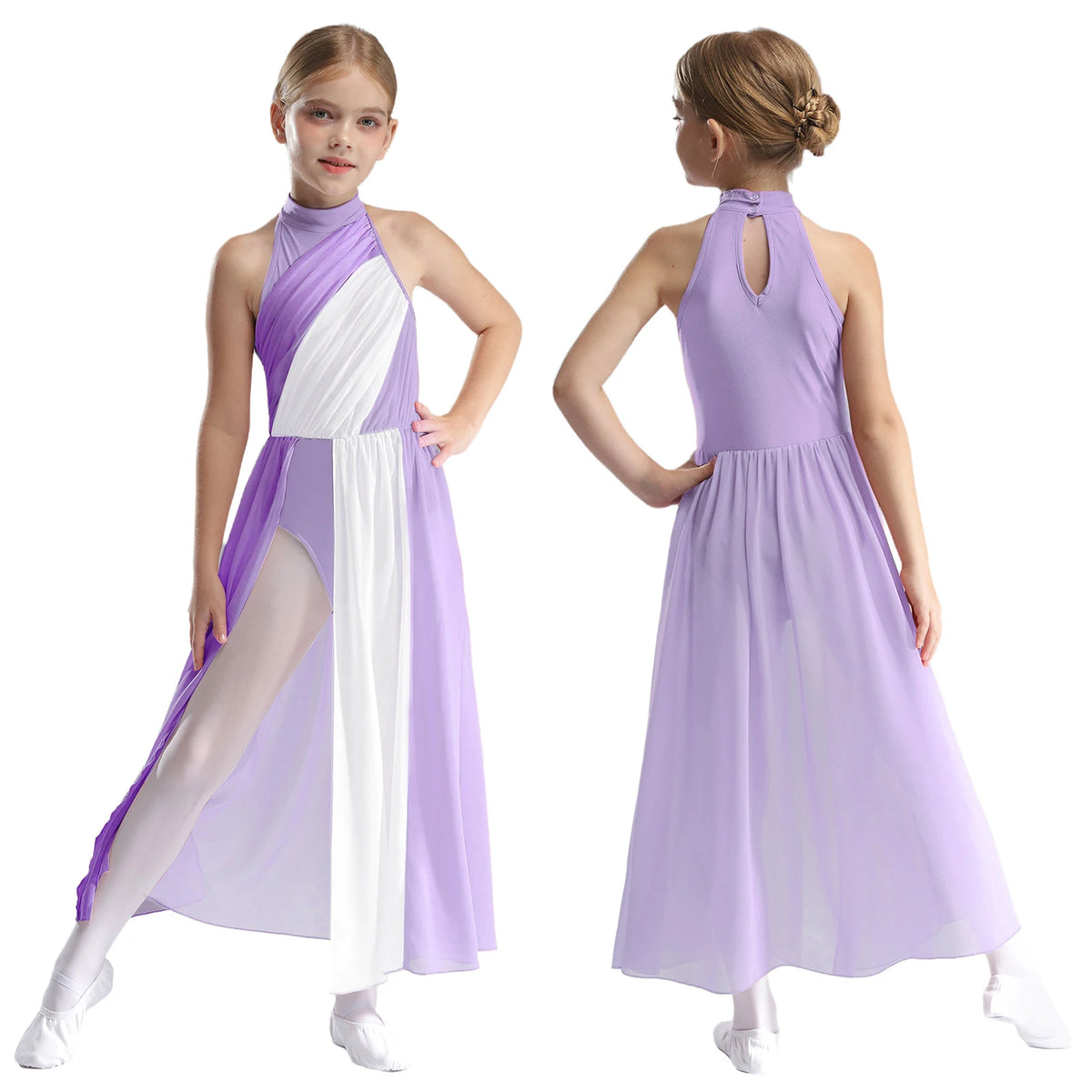 Girls Delicate 3D Flower Lyrical Dance Dress Asymmetrical Ruched Long Dress Gymnastics Modern Dance Clothes Performance Dress