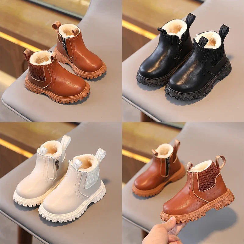 Brester Kids Boys Girls Boots - Zipper Non-Slip Leather Shoes