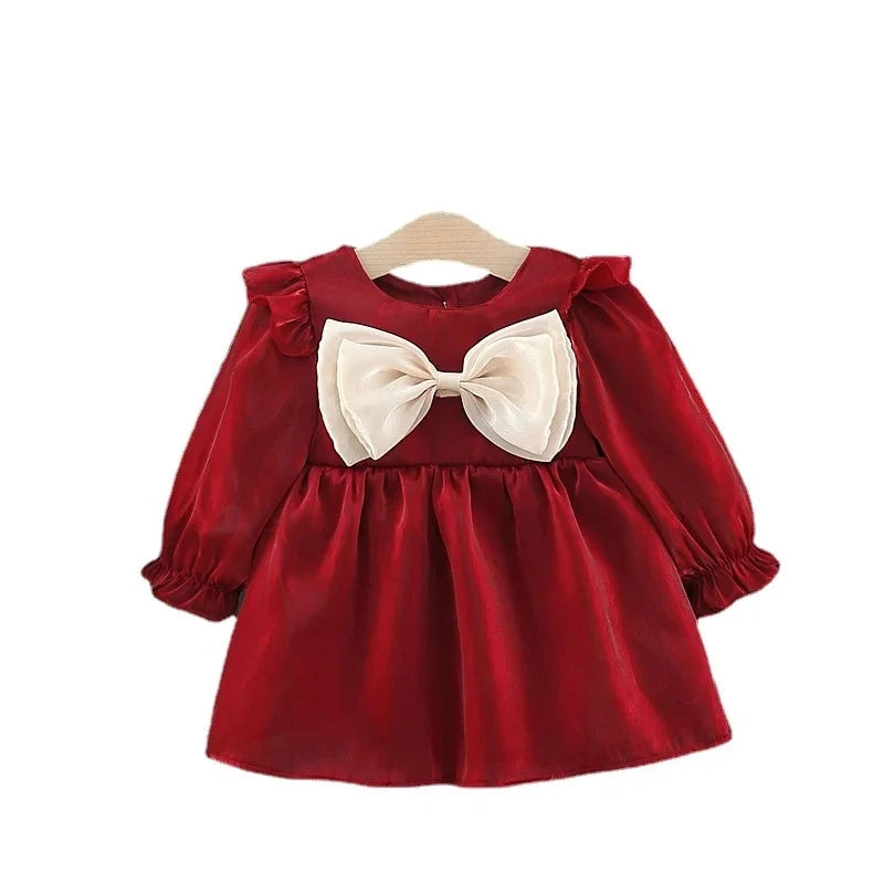Baby Girl Cute Costume Fall 2024 Children Mesh Cotton Dress with Long Puff Sleeve Princess Dresses Spring Bow Dress for Girls
