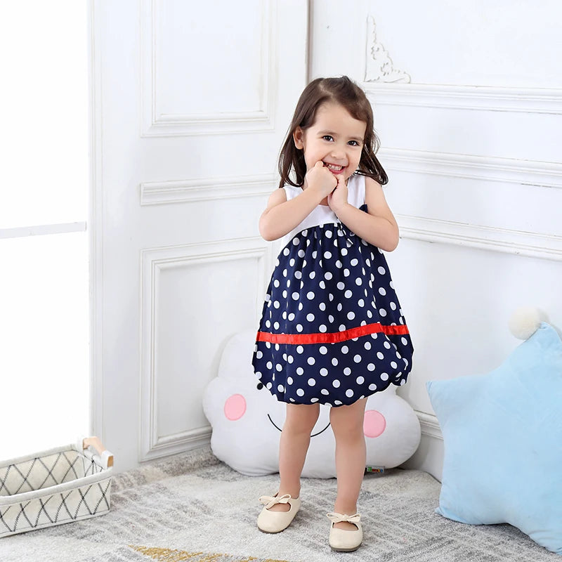 baby girl dress cute bows summer sleeveless little dress cool  blue white dots dress