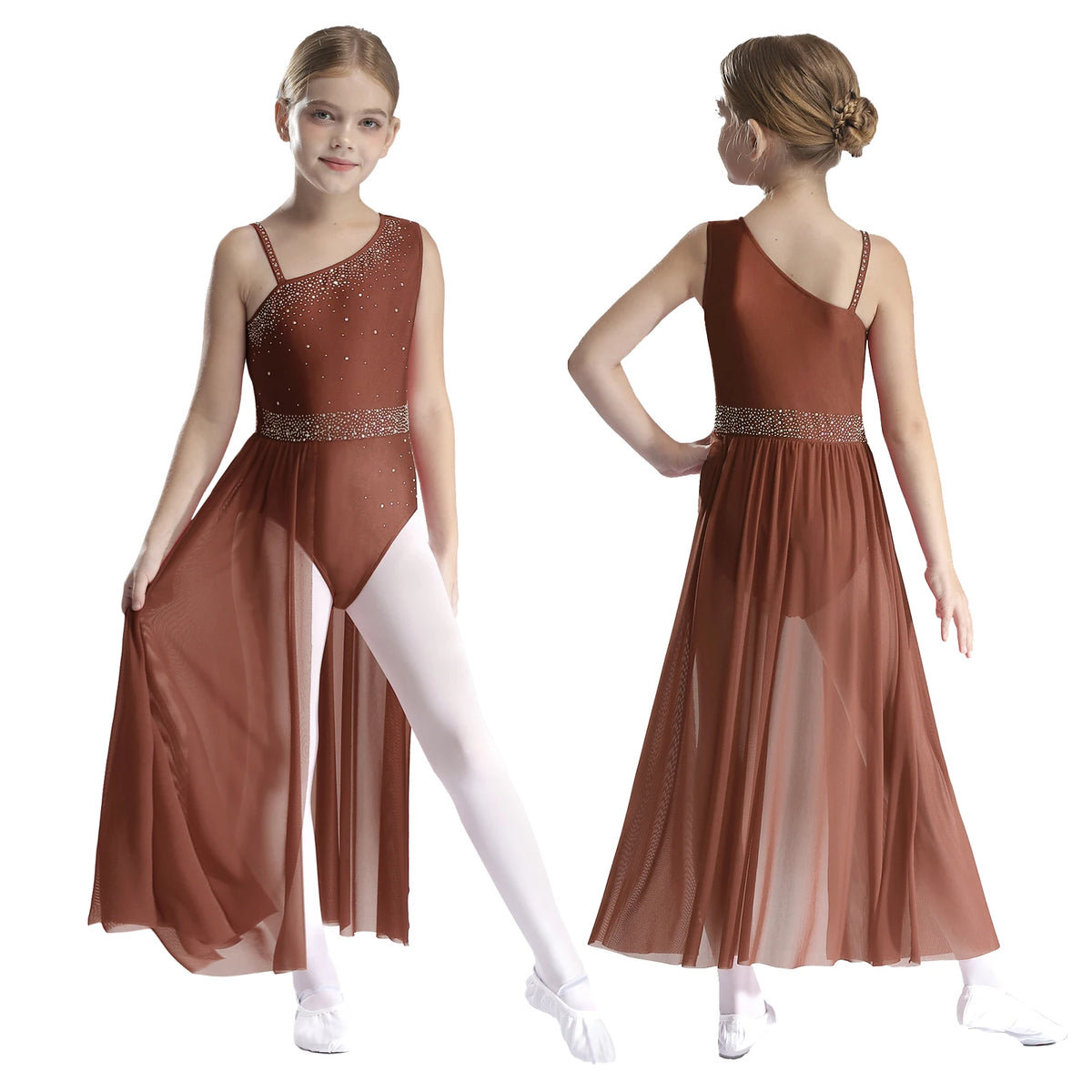 Girls Delicate 3D Flower Lyrical Dance Dress Asymmetrical Ruched Long Dress Gymnastics Modern Dance Clothes Performance Dress