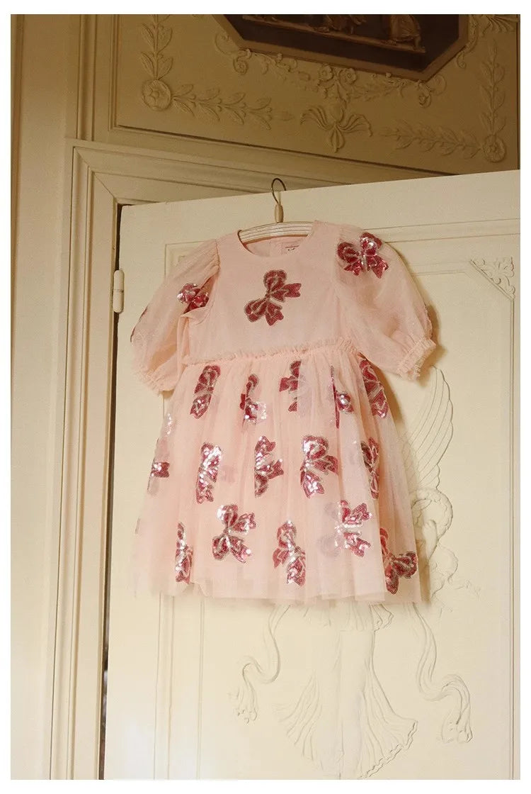 Girls' Dress 2025 Summer Danish New Cute and Fashionable Bow Sequin Princess Dress
