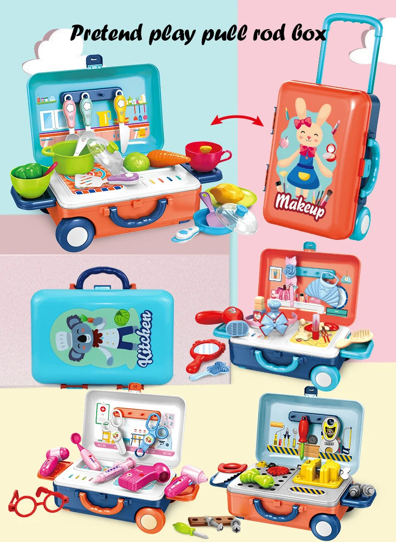 Children's Simulation Play House Kitchen Toys Girls Beauty Portable Tools Utensils Tableware Trolley Case Doctors Medical Kit