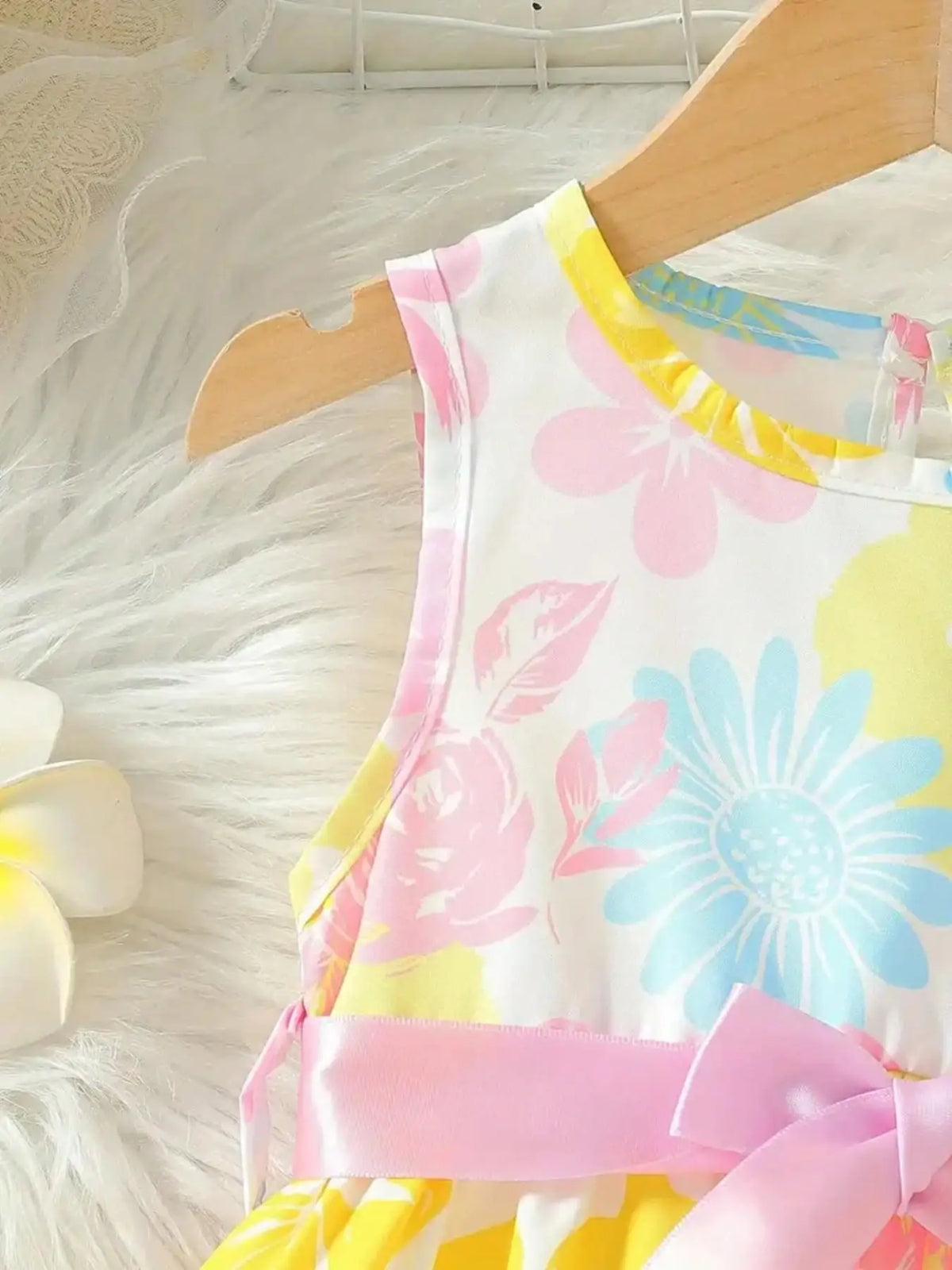 Baby Girl's Floral Print round Neck Sleeveless Dress Pink Bow Waistband Sweet Cute Summer Daily Casual Dress