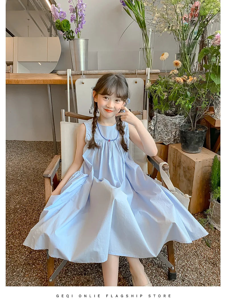 Ana Summer Junior Girl Sleeveless Dress Solid Side Cotton Dress