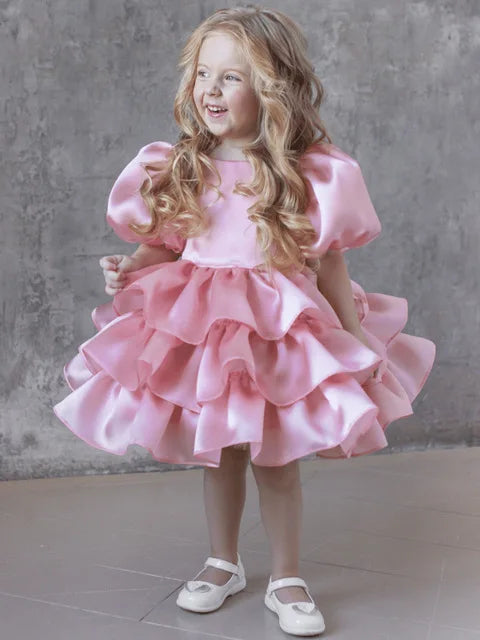 Girls Creamy-white Bow Short Sleeve Wedding Birthday Party Dress