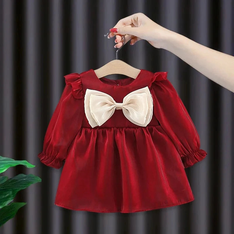 Baby Girl Cute Costume Fall 2024 Children Mesh Cotton Dress with Long Puff Sleeve Princess Dresses Spring Bow Dress for Girls