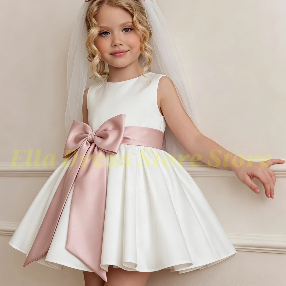Wholesale Baby Flower Girl Dress with Bows Children Birthday Tribute Silk Satin Formal Vestidos Black Pink Kids Sleeveless Dress