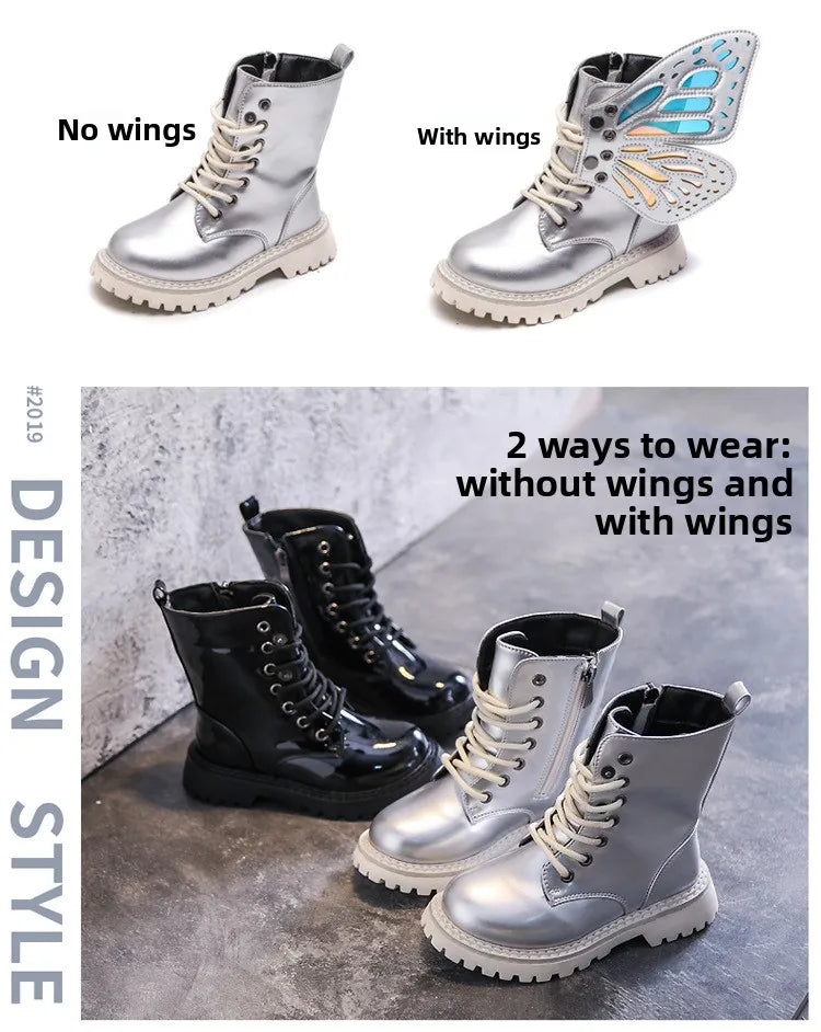 Girls Boots 2025 New Autumn Winter Fashion Butterfly Princess Botas Casual Non-slip Ankle Boots Silver Patent Leather Kids Shoes