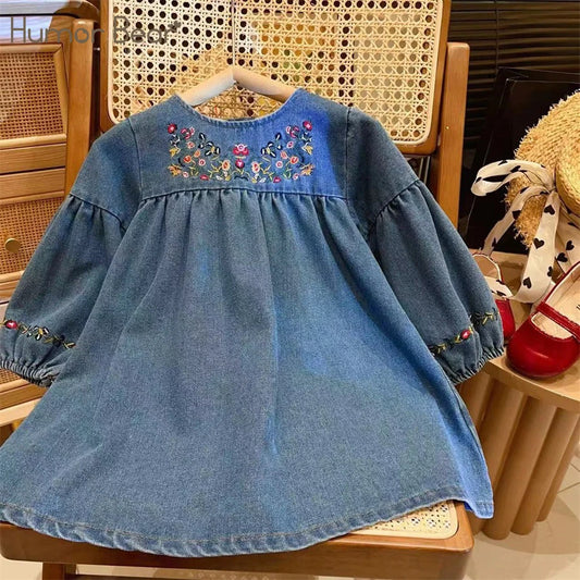 Humor Bear Kids Clothing Autumn Round Neck Floral Embroidered  Dress