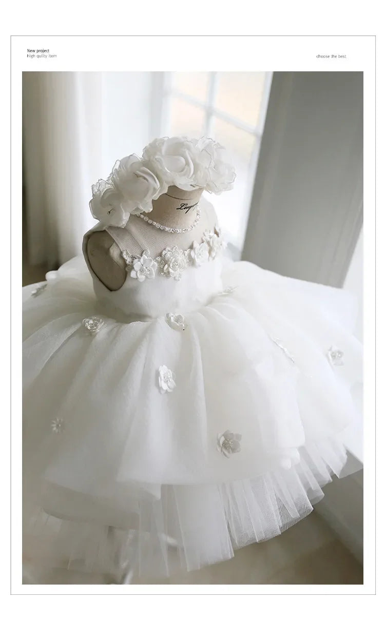 Newborn Baptism Dress For Baby Girl White First Birthday Party Wear 3D Flower Toddler Girl Christening Gown Wedding Vestidos