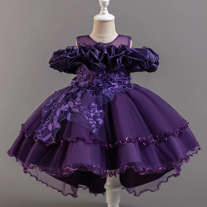 Girls Flower Girl Dress with Train Tulle Princess Gown Christmas Birthday Party Pageant Formal Dresses Kids Children Clothing