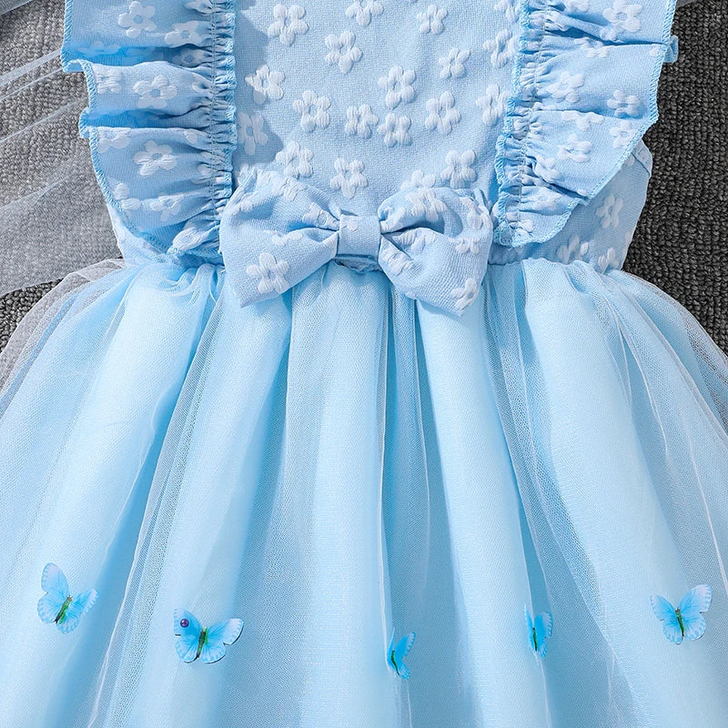 Dress For Girls Yellow O-Neck Fly-Sleeve Tulle Bowknot
