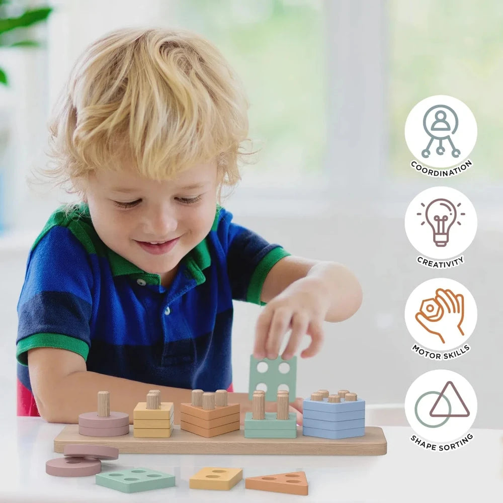 Montessori Toys For 18+ Months Old - Toddlers Wooden Sorting And Stacking Toys For Baby Boys
