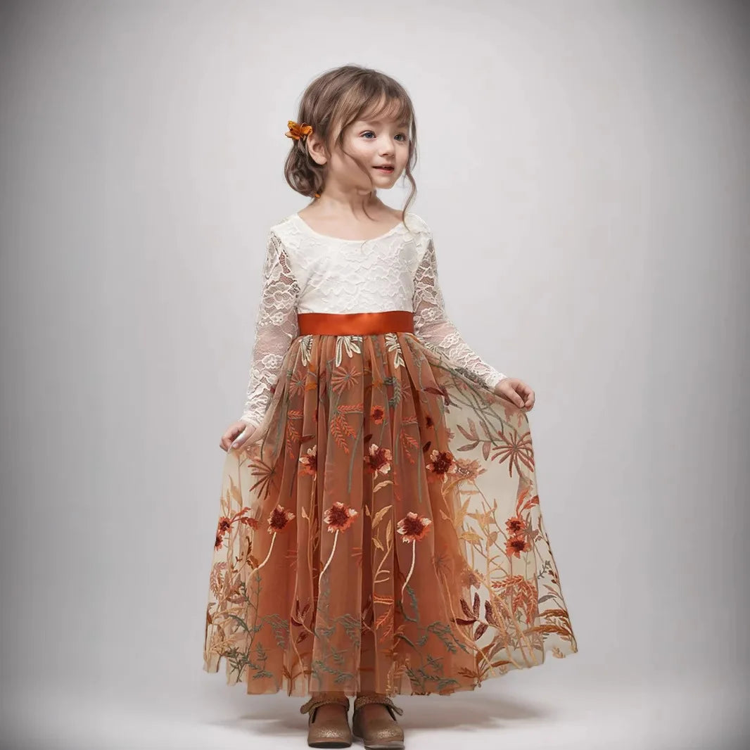 Children Girls Wedding Dress Crochet Lace Embroidery Kids Clothing Wear