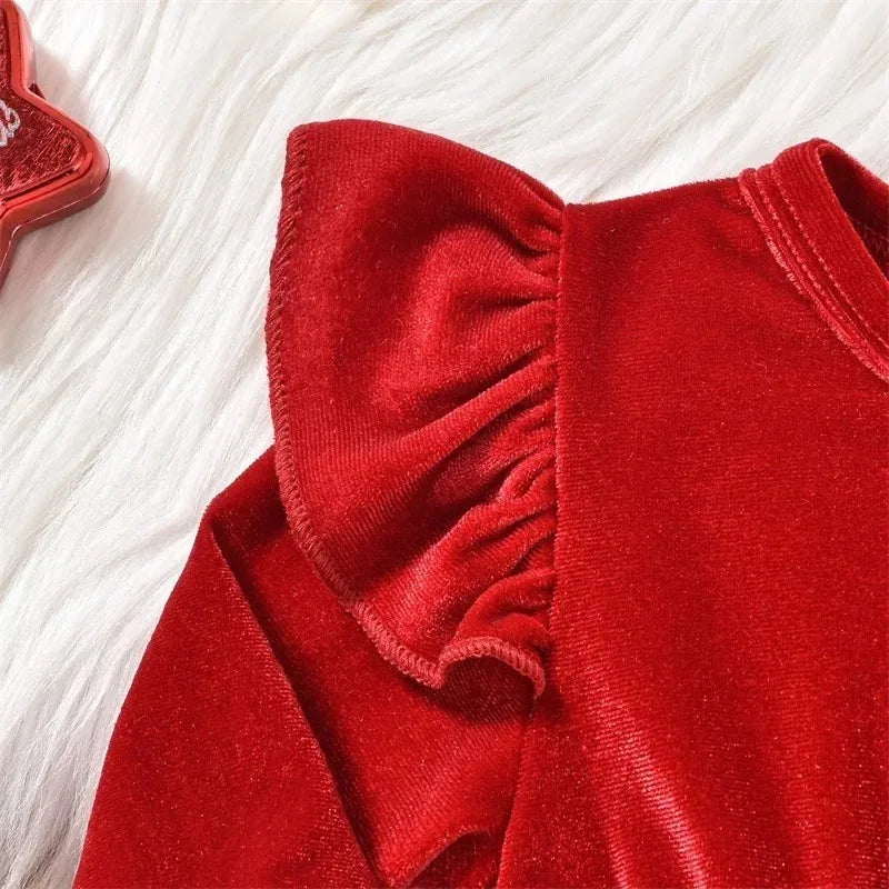 Baby Girl's Christmas Velvet Dress with PP shorts & Hat Set ,Pom pom Trim baby girl Dress