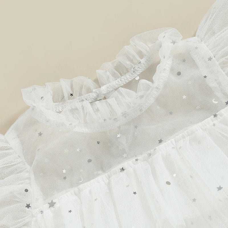 Zoe Toddler Girls Dress with Stars Moon Sequins and Ruffles