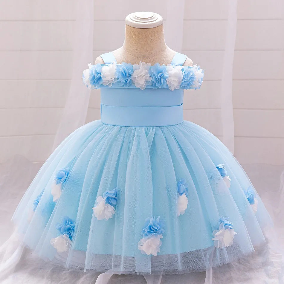 New Baby Girls 1st Princess Dress Infant Three-dimensional Flower One-word Shoulder Mesh Dress Baby Girl Performance Dress ASQ03