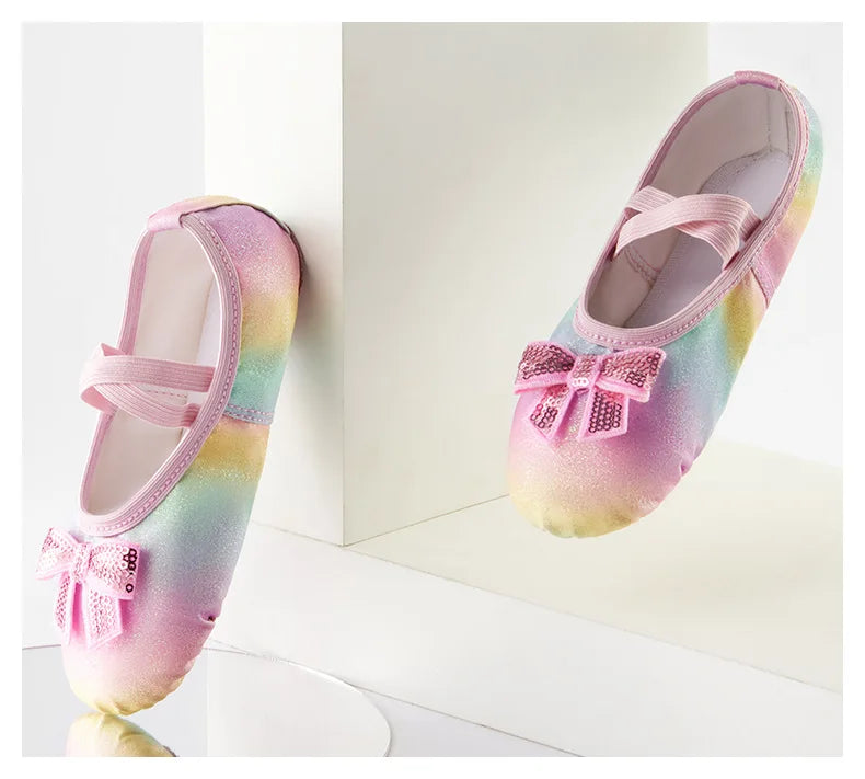 Girl Ballet Shoes Glitter Split-Sole Dance Slippers Toddler Kids Practice Shoes Flats Soft Lightweight  Elastic Laces Colorful
