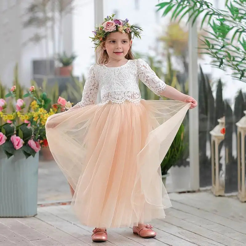 Children Set Clothing for Girls Half Sleeve Lace Top+Champagne Pink Long Skirt dress