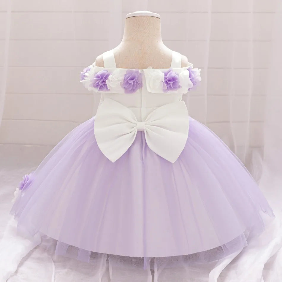 New Baby Girls 1st Princess Dress Infant Three-dimensional Flower One-word Shoulder Mesh Dress Baby Girl Performance Dress ASQ03