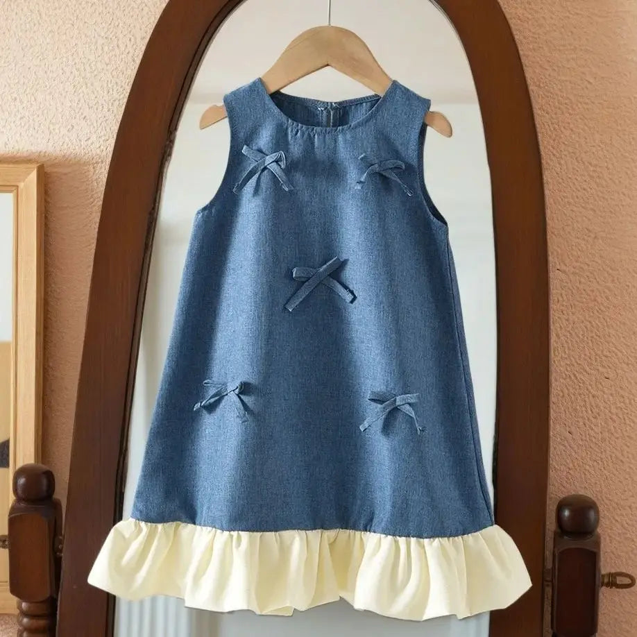 Maren A-line Girls Denim Dress with Bow for 3-7Y Kids