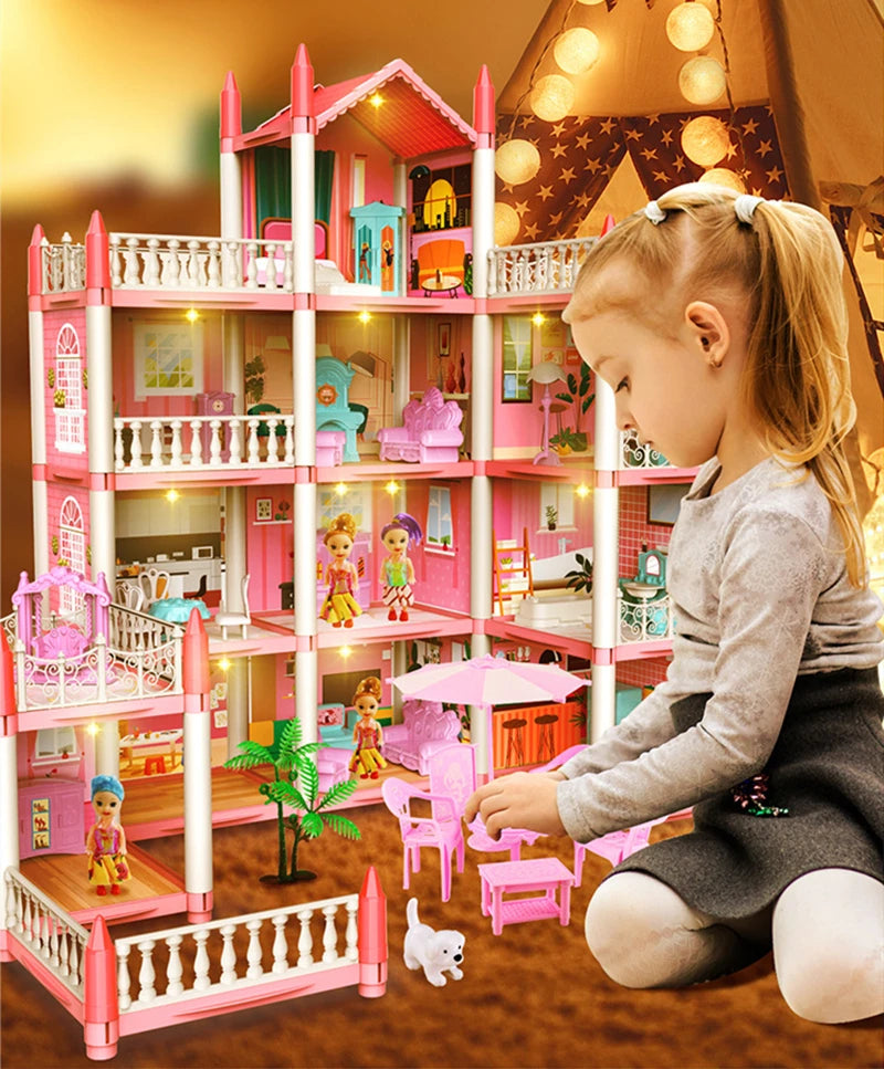 Girls Toddler Doll House - Large Doll House with 4 Dolls, Furniture, Accessories, LED Lights, 4 Stories Princess Dream House Toy