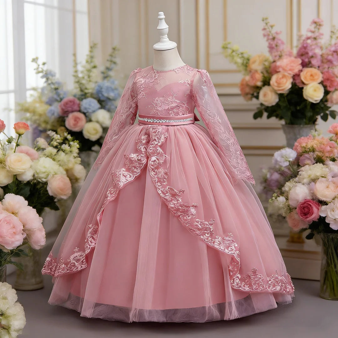 Kids white long sleeve lace elegant girls princess dress