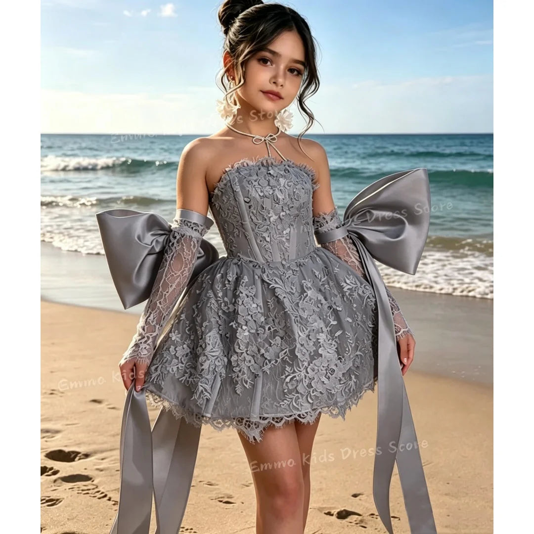 Custom Flower Girl Dress White Tulle Wedding Floral Appliqué Multi-layer Sleeveless Dress
