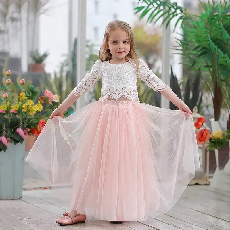 Children Set Clothing for Girls Half Sleeve Lace Top+Champagne Pink Long Skirt dress