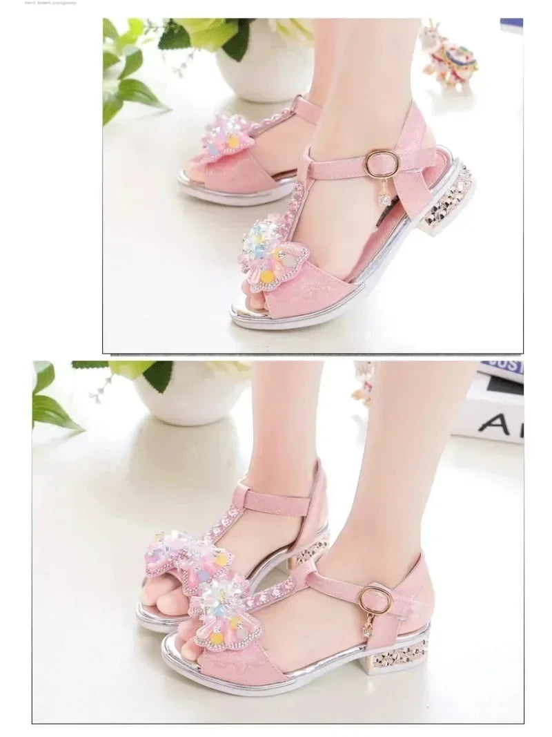 Girls Dance Shoes Non-slip Soft Sole 2025 Summer New Kids Princess Shoes T-strap Open Toes Children Sandals Sweet Bows Non-slip
