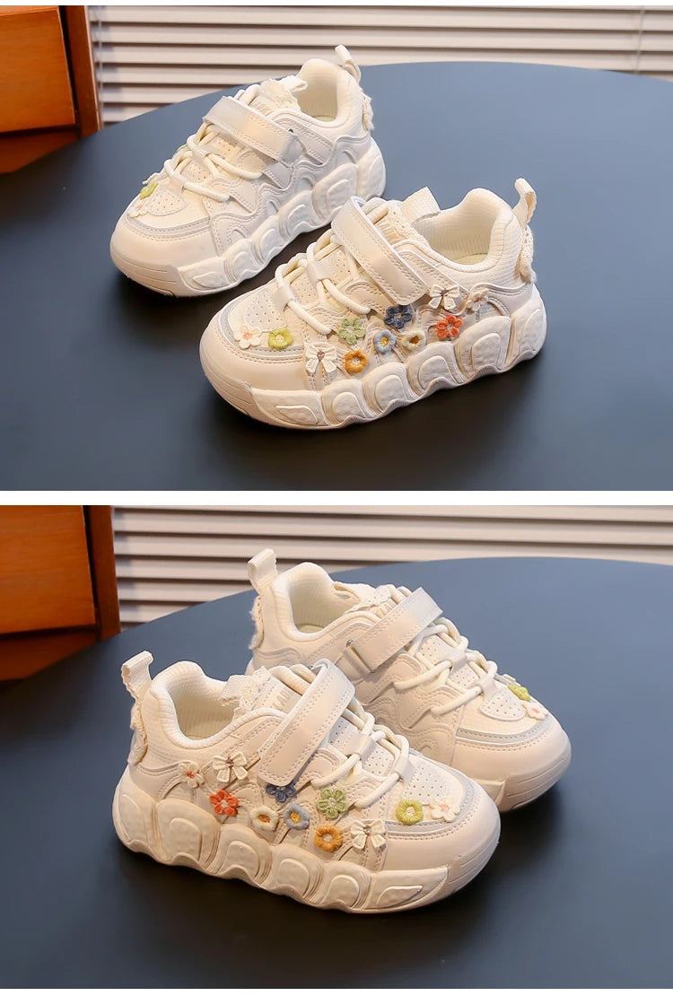 Fashion Leather Sneakers for Girls Children Casual Sports Shoes Floral Pattern Shoes for Kids Comfortable Walking Shoes