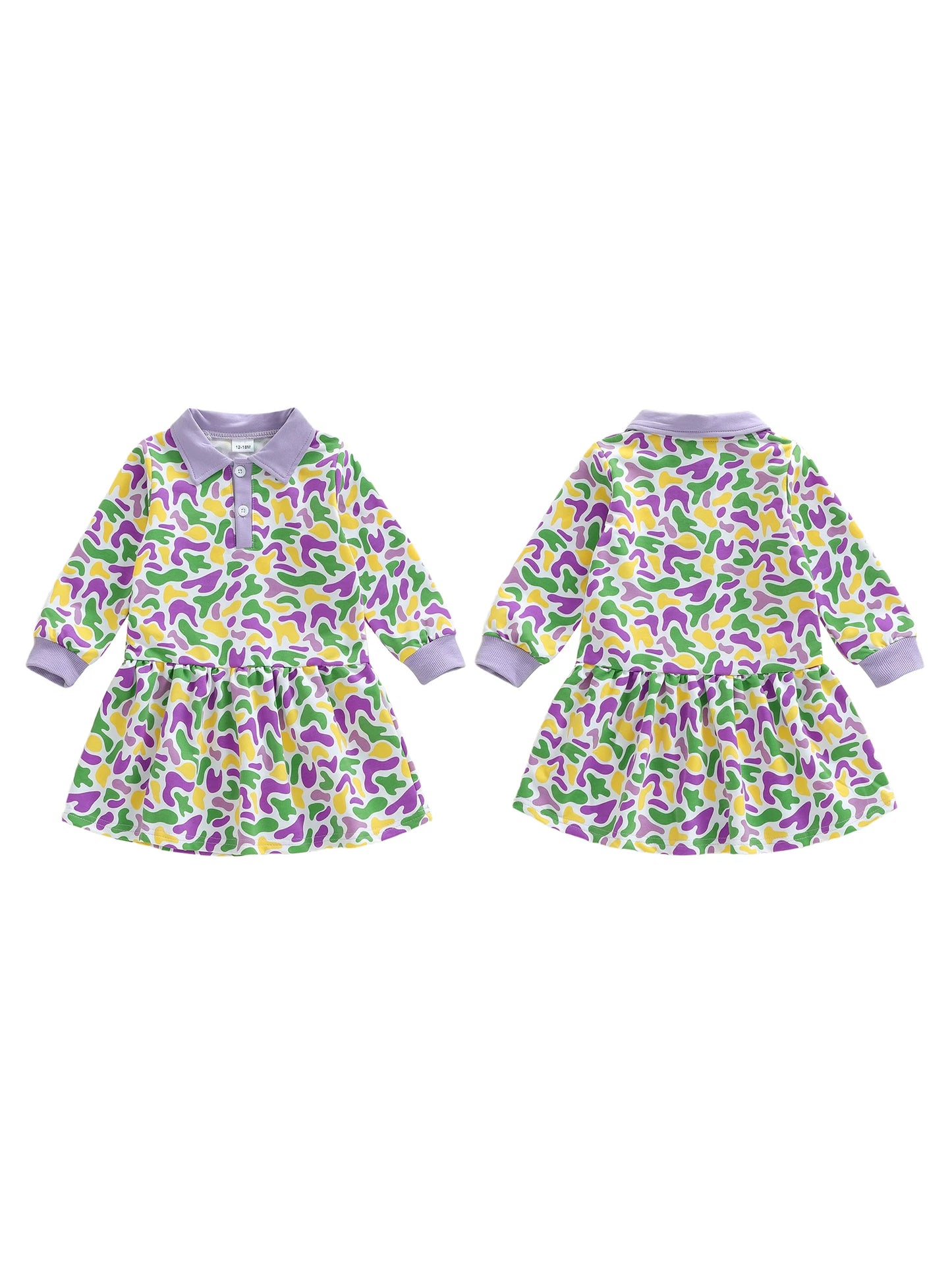 Toddler Baby Girl Mardi Gras Dress Camouflage Turn Down Neck Long Sleeve Dress