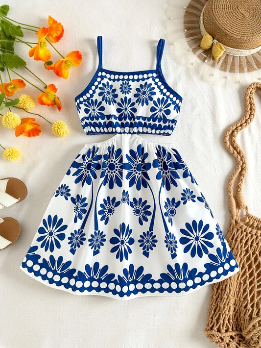 Girls' Summer Casual Dress, New Blue and White Floral Print Design, Hollow-Out Strap Dress